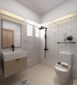An upgraded HDB toilet with a one-piece toilet bowl, wall-hung basin and black rain shower set