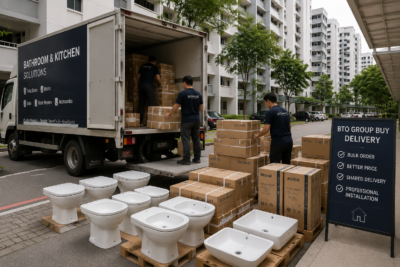 BTO group buy delivery of bathroom fixtures and renovation supplies at HDB estate.