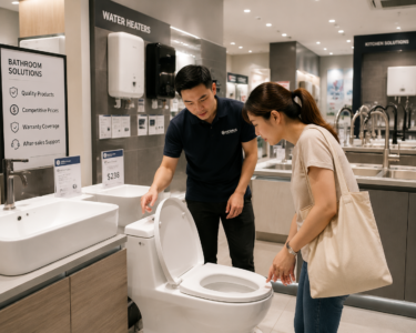 Customer checking bathroom fixtures in a renovation showroom.