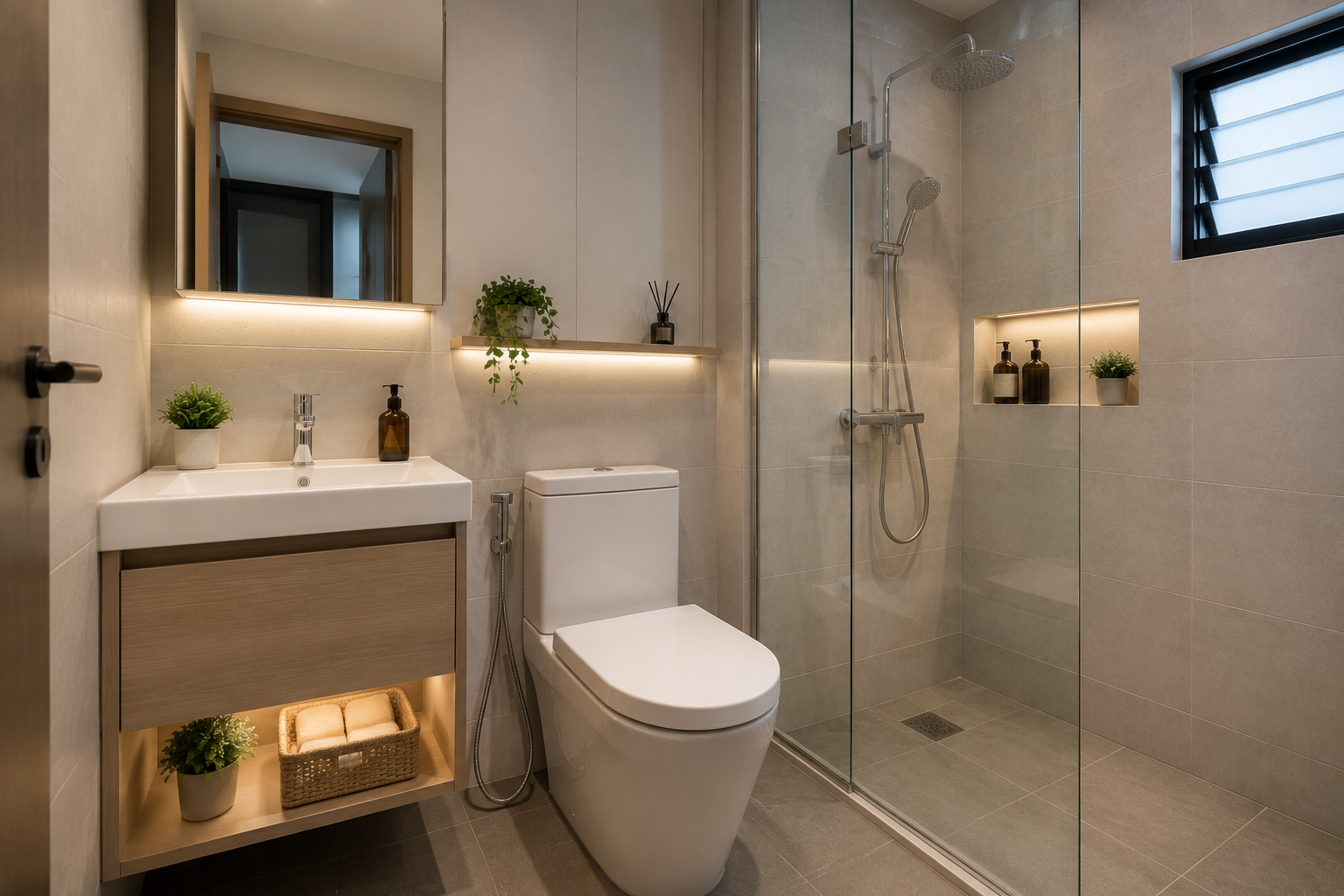 Modern small bathroom interior with compact toilet bowl, floating vanity, basin, and glass shower design for space-saving bathroom ideas
