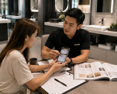 Salesperson reviewing photos or documents with homeowner