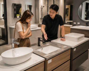 Customer comparing basin styles with salesperson