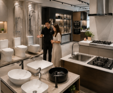 Toilet, basin, shower set, kitchen hob, hood and sink displays visible together