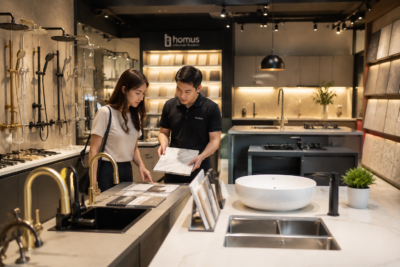 A modern renovation showroom with a customer comparing bathroom/kitchen products