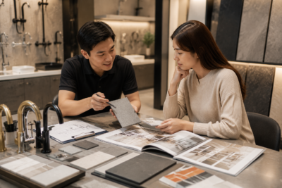 Close-up of renovation consultation between homeowner and supplier
