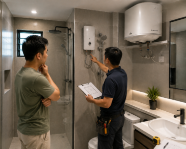 Electrician checking heater connection and bathroom layout