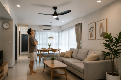 Ceiling fan installed above a sofa or dining area