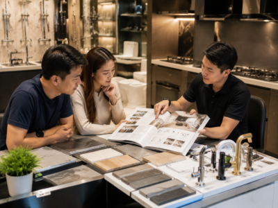 Renovation showroom staff browsing product catalogues with a customer