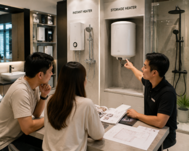 Homeowner comparing instant heater and storage heater options with salesperson