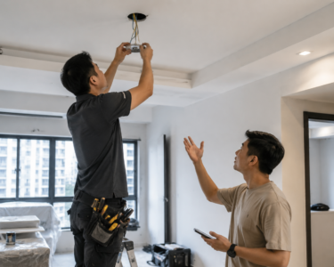Renovation electrician inspecting a ceiling point in an HDB apartment