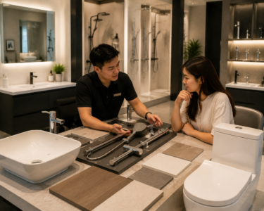 Homeowner discussing multiple bathroom upgrades with salesperson