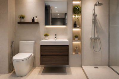 Bathroom fixture showcase featuring compact toilet bowl, vanity cabinet, basin mixer, and shower system for small bathroom renovation