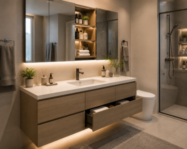  Clean sink area with drawers, towels and bathroom accessories