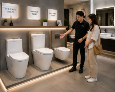 Bathroom showroom displaying different toilet formats