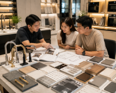   Faucet samples, cabinet finishes, appliance brochures, tiles and floor plans