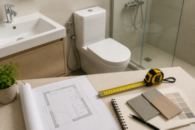 Home renovation planning scene with small bathroom layout, measuring tools, and bathroom fixture selection considerations