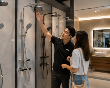 Customer examining overhead rain shower, hand shower and mixer set