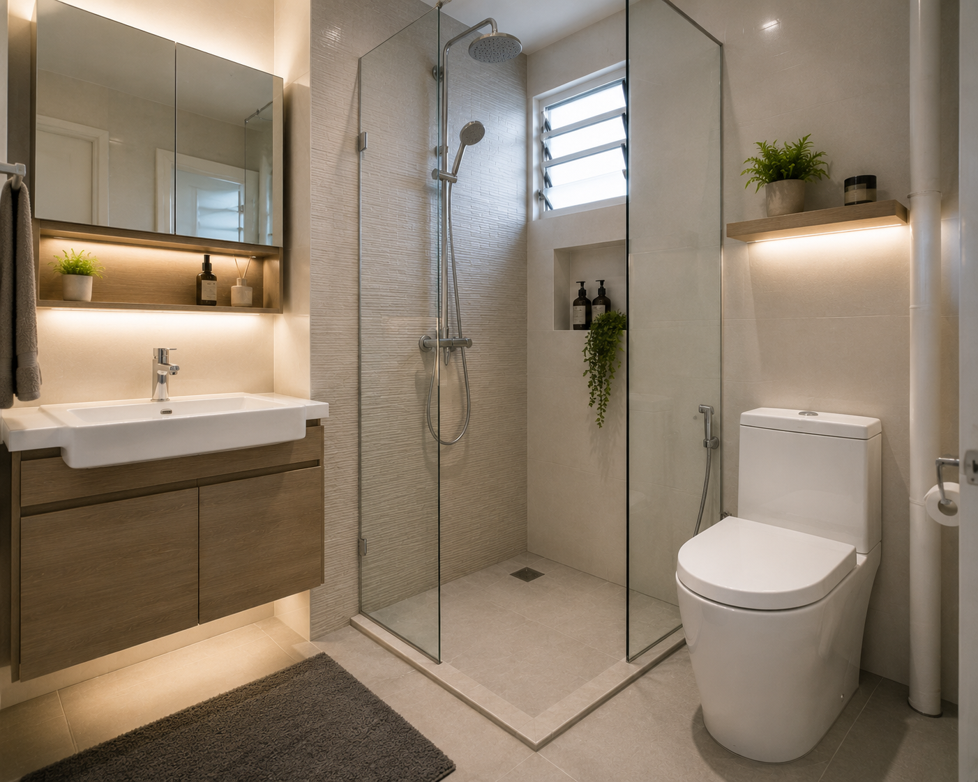 Clean HDB style bathroom renovation.