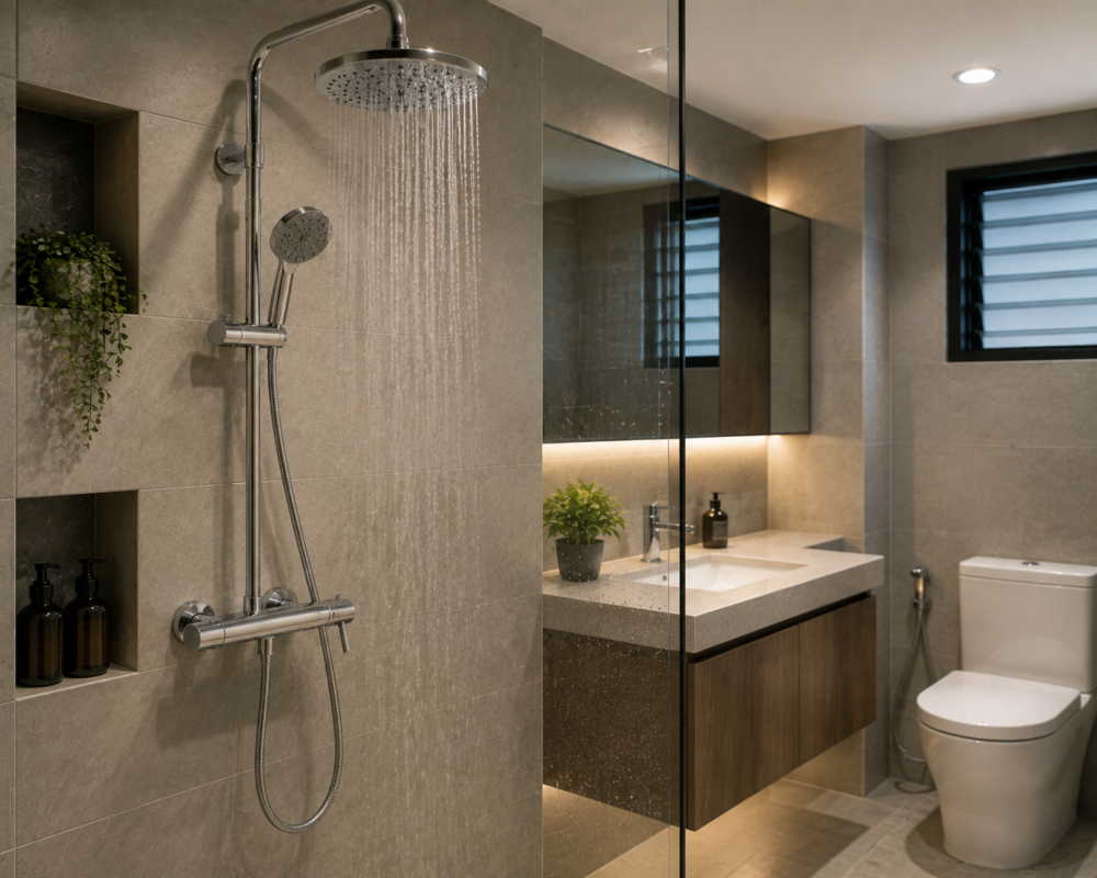 Overhead rain shower, hand shower and mixer set clearly visible