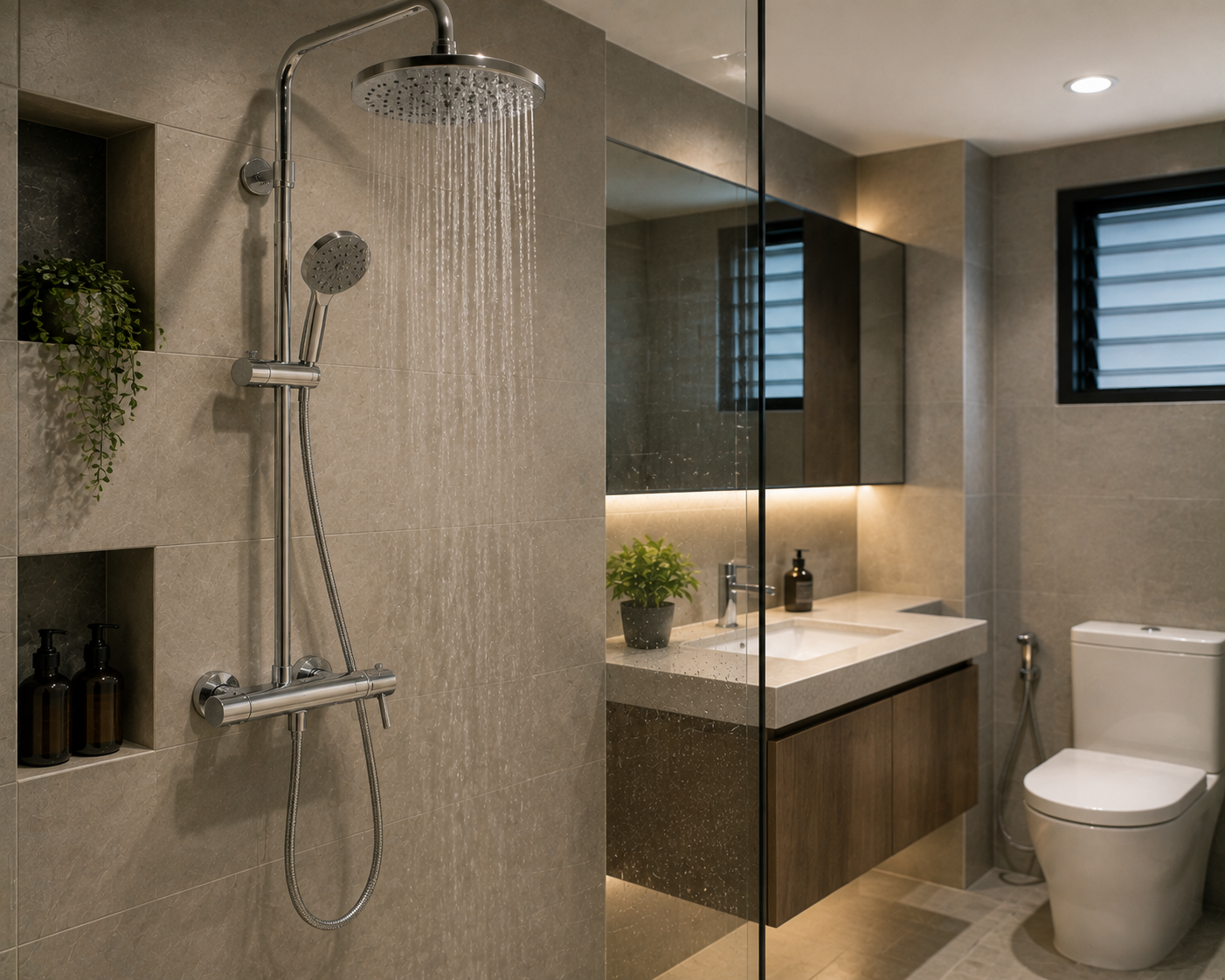 Overhead rain shower, hand shower and mixer set clearly visible