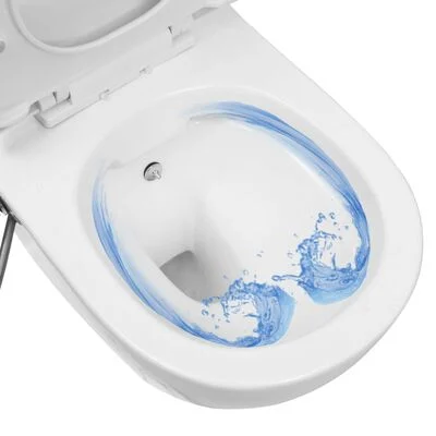 Wall-hung rimless toilet in white ceramic