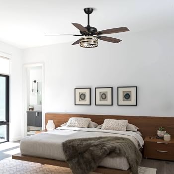 Black caged ceiling fan with a light kit