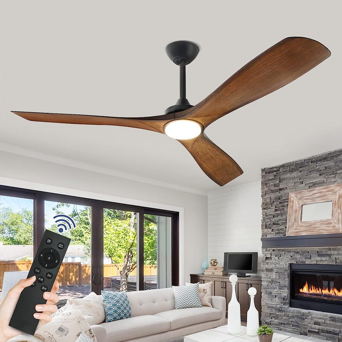 Modern three-blade ceiling fan with a light