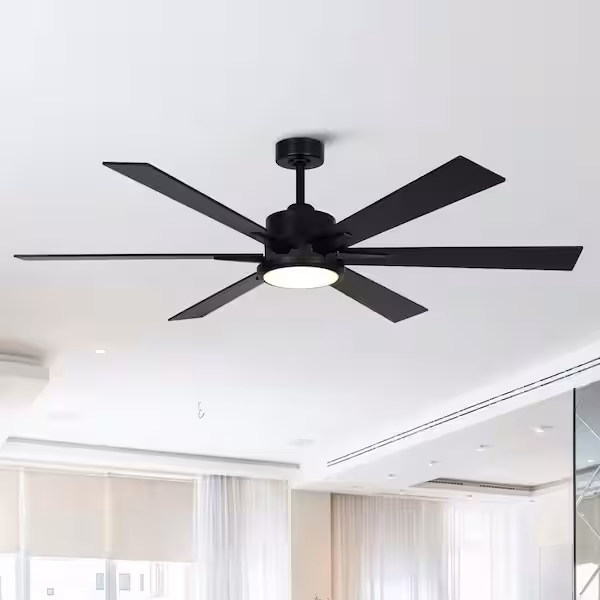 Black ceiling fan with an integrated warm white LED light