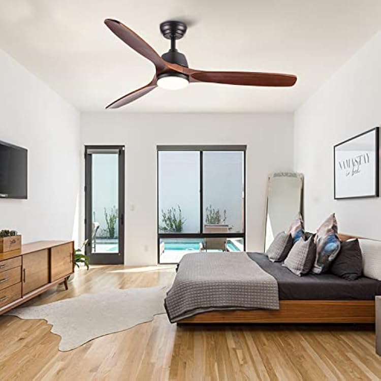 Wooden-bladed ceiling fan with a dimmable LED light