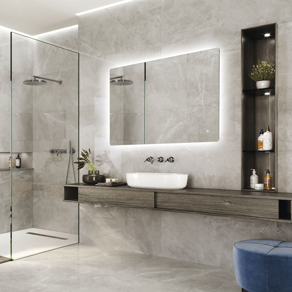 Rectangular bathroom mirror with integrated lighting
